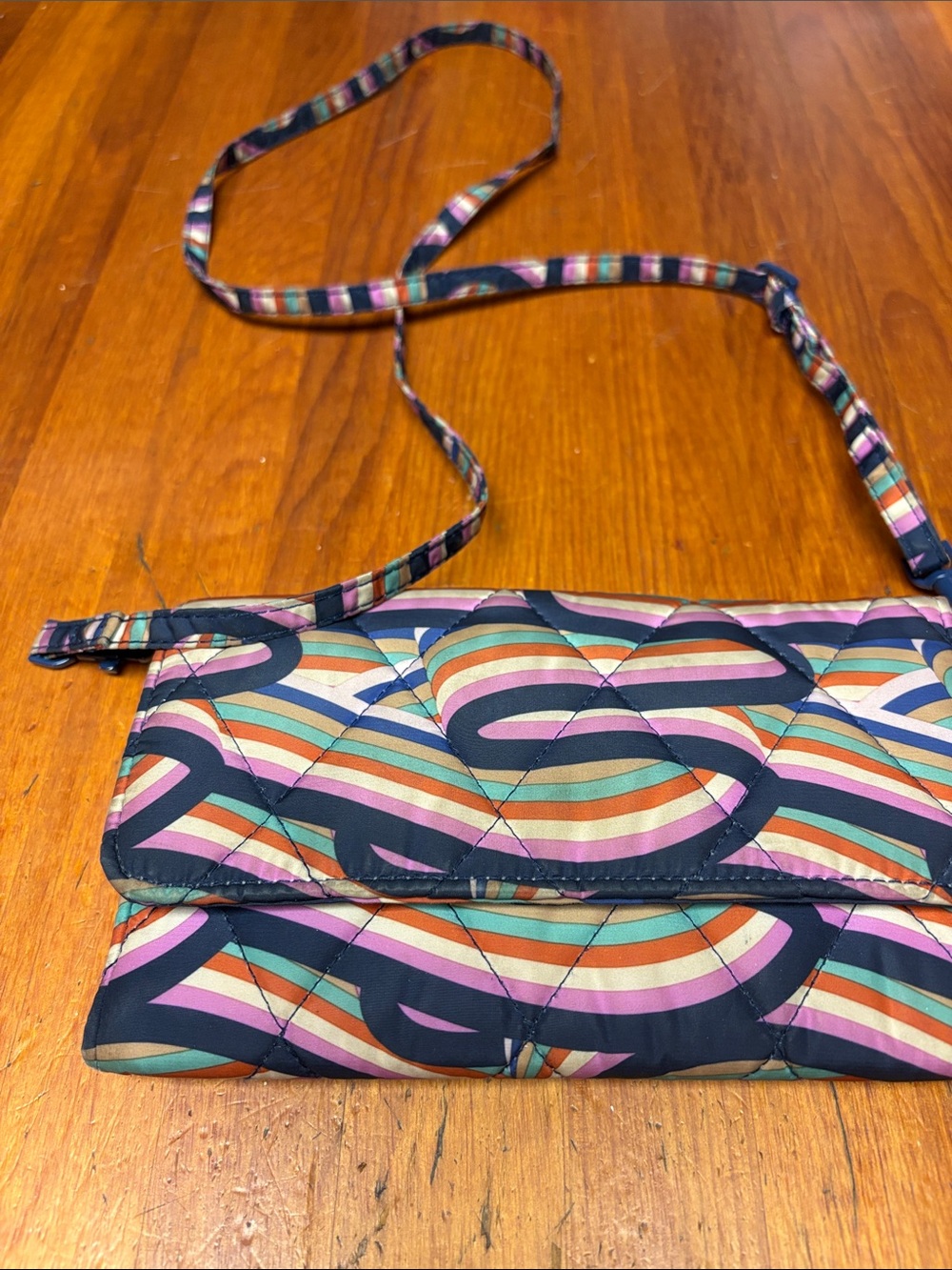 Vera Bradley Quilted Crossbody Clutch – Retro Ribbon - Navy, Pink, Teal, Orange,